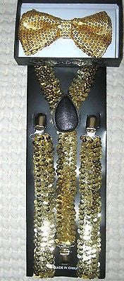 Gold Sequin Adjustable Bow tie&Gold Sequence Adjustable Suspenders Combo-New!v4