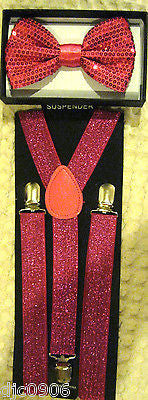 Pink Sequin Adjustable Bow Tie & Neon Pink Glittered Adjustable Suspenders Set
