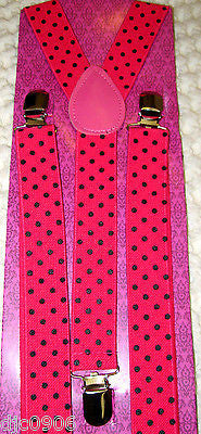 Unisex HOT PINK with Black Polka Dots Adjustable Y-Style Back suspenders-New!