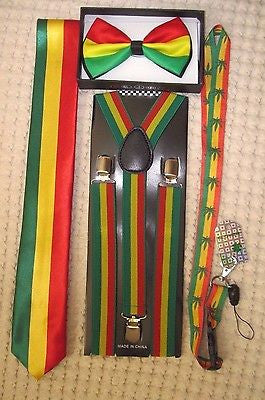 Rasta Stripes Bow Tie,Rasta NeckTie,Rasta Stripes Suspenders&Rasta Lanyard-NEW6