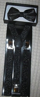 GRAY SILVER SEQUIN PATTERN  ADJUSTABLE  BOW TIE + SILVER GLITTER SUSPENDERS SET