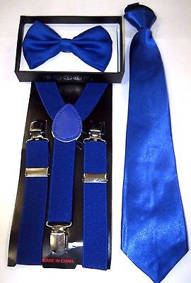 Teen's BLUE Adjustable Bow Tie,BLUE NeckTie & BLUE Y-Back Adjustable Suspenders