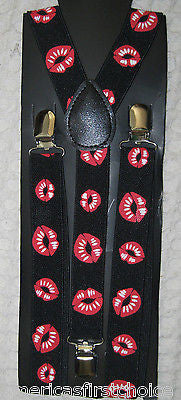 Red Tuxedo Bow Tie & Black with Red Pucker Lips Adjustable Suspenders Combo-New