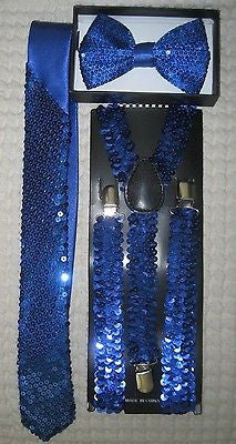 Royal Blue Sequin Adjustable Bow Tie,Neck tie & Blue Glitter Suspenders Set-V1