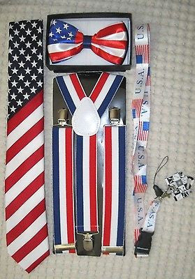 US Flag American Flag Suspenders,Lanyard,Tie &Red,White,Blue Stripes Bow Tie-v9