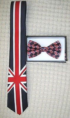 UK British Flag Skinny Neck Tie & UK British Adjustable Bow Tie Combo-A9