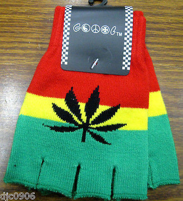 RASTA RED YELLOW GREEN STRIPES MJ LEAF KNIT FINGERLESS GLOVES WINTER WOMENS MEN