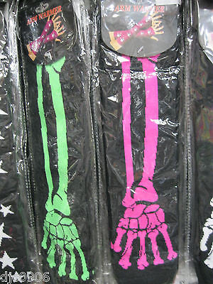 Unisex Black Green Skeleton Elastic Fingerless Arm Warmers Elbow Long Gloves-New