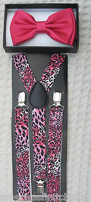 Purple Leopard Cheetah Print Bow tie & Purple Y-Back Adjustable Suspenders Combo