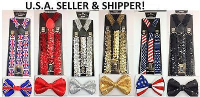 Gold Sequin Adjustable Bow tie&Gold Sequence Adjustable Suspenders Combo-New!v5