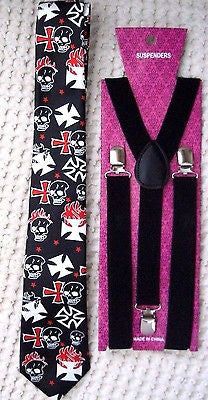 Black with White Flaming Skulls+Crosses Necktie+WHITE Adjustable Suspenders Set
