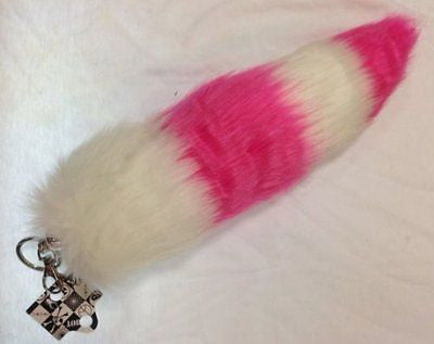 HOT PINK AND BLACK STRIPES FAUX FOX TAIL FOXTAIL KEYCHAIN 12" CLIP-BRAND NEW!