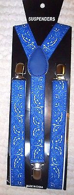 Unisex Men Royal Blue White Bandanna Paisley Y-Back Adjustable Suspenders-New!
