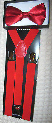 Solid Red Shiny Pattern Bow Tie & Solid Red Y-Back Adjustable Suspenders Combo