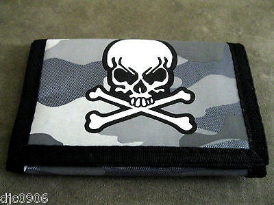 GRAY GREY  CAMO SKULL CROSSBONES Wallet Unisex Men's 4.5" x 3" W-New!