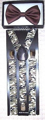 Brown Adjustable Bow Tie&Army Marines Camo Camouflage Adjustable Suspenders-New!