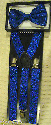 Solid Blue Diamond Mesh Pattern Bow Tie & Blue Glitter Y-Back Suspenders Set