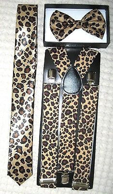 Leopard Print Adjustable Bow tie,Necktie,Wide 1 1/2 Leopard Suspenders,&Lanyard