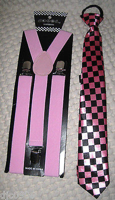 Pink Black Checkered Pre-Tied Neck tie & Pink Adjustable Suspenders Set-New