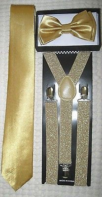 Solid Gold Adjustable Bow tie,Gold Neck tie,and Gold Glittered Suspsenders Combo