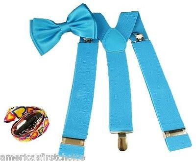 French Blue Light Blue Wide Adjustable Suspenders & French Blue Bow Tie COMBO