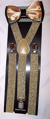 Champaign Gold Black Tips Adjustable Bow tie & Glittered Adjustable Suspenders