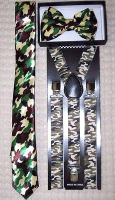 Army Marines Camo Camouflage Bow tie, 2" Camo Neck Tie, and Camo Adj Suspenders