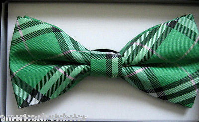 GREEN PLAID TUXEDO ADJUSTABLE BOW TIE+SOLID GREEN ADJUSTABLE SUSPENDERS COMBO