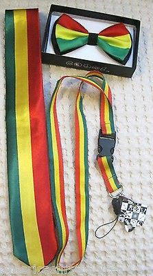 Rasta Stripes NeckTie,Rasta Stripes with Peace Sign Suspenders&Rasta Lanyard