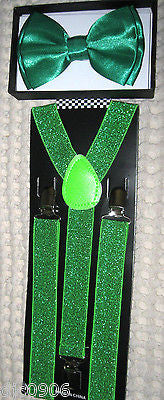 SOLID Green Adjustable Bow Tie&Neon Green Adjustable Glittered Suspenders Combo
