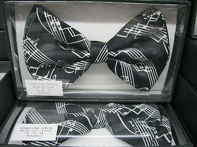 TUXEDO BLACK WHITE MUSICAL BARS AND NOTES ADJUSTABLE BOW TIE BOWTIE-NEW IN BOX!
