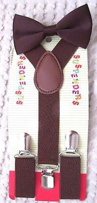 Kids Boys Brown Adjustable Bow Tie & Brown Y-Back Adjustable Suspenders-New! ve2