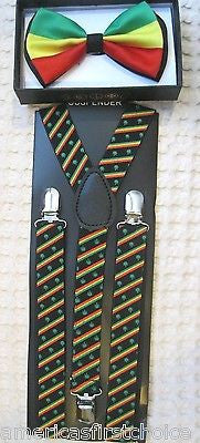 Rasta Stripes Bow Tie & RASTA Stripes MJ Leaves Adjustable Suspenders Combo-NEW
