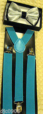 Silver White Tips Adjustable Bowtie & Solid Blue Adjustable Suspenders Combo-New
