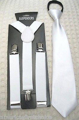 Kids Teens White Adjustable Pre-Tied NeckTie & White Adjustable Suspenders Set