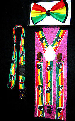 Rasta Stripes Adjustable Bow Tie & Rasta Stripes w/ MJ Marijuana Leaves Lanyard