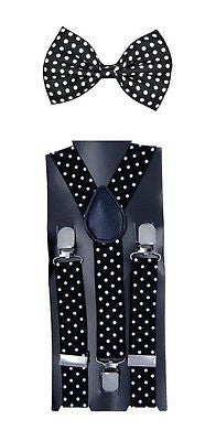 Kids Teens Black with White Polka Dot Bow Tie & Adjustable Suspenders Combo-New!