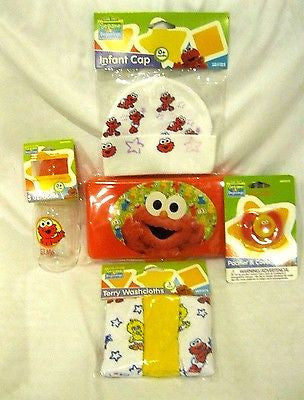Sesame Street Elmo Infant Cap,Bottle,Pacifier,Wipers Travel Case,Washclothes-New
