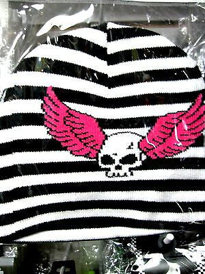 White Skull Pink Wings White & Black Strips Winter Knitted Skull Beanie Ski Cap