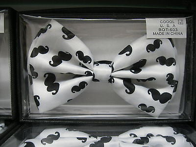 UNISEX TUXEDO WHITE WITH BLACK MUSTACHES ADJUSTABLE STRAP BOW TIE-NEW GIFT BOX!