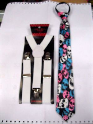 Kids Teens Black&White checkers Pre-Tied NeckTie&WHITE Adjustable Suspenders Set