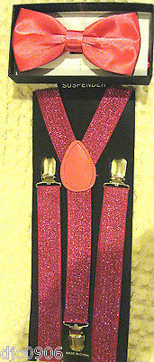 Neon Pink Adjustable Bow Tie & Neon Pink Glittered Adjustable Suspenders Set-New