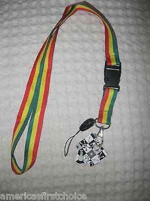 White w/ Rasta Stripes Marijuana MJ Weed Leaves 15" Lanyard ID Holder Keychain