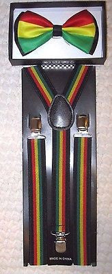 Rasta Stripes Bow Tie & RASTA Stripes Y-Back Adjustable Suspenders Combo-NEW!ve2