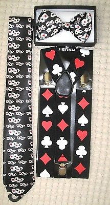 Poker Player Cards 4 Suite Bow Tie,Poker 1 1/2" Suspenders,Poker Neck Tie-New!v1