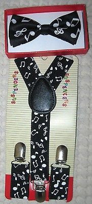 Kids Boys Girls Musical Notes Adjustable Bow Tie & Music Notes suspenders-New!V2