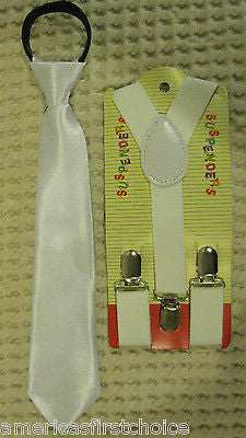 Kid's Boys Girls White Adjustable Pre-Tied Zip NeckTie & White Y-Back Suspenders