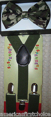 Kid's Boys Girls Army Green Camo Adjustable Bow Tie & Army Green suspenders-New!