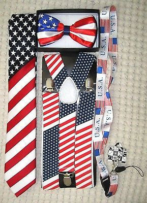 US Flag American Flag Suspenders,Lanyard,Tie &Red,White,Blue Stripes Bow Tie-v10