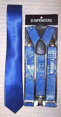 Unisex Solid Blue 3" Necktie & 1 1/2" Wide Blue Jeans Print Suspenders Set!New